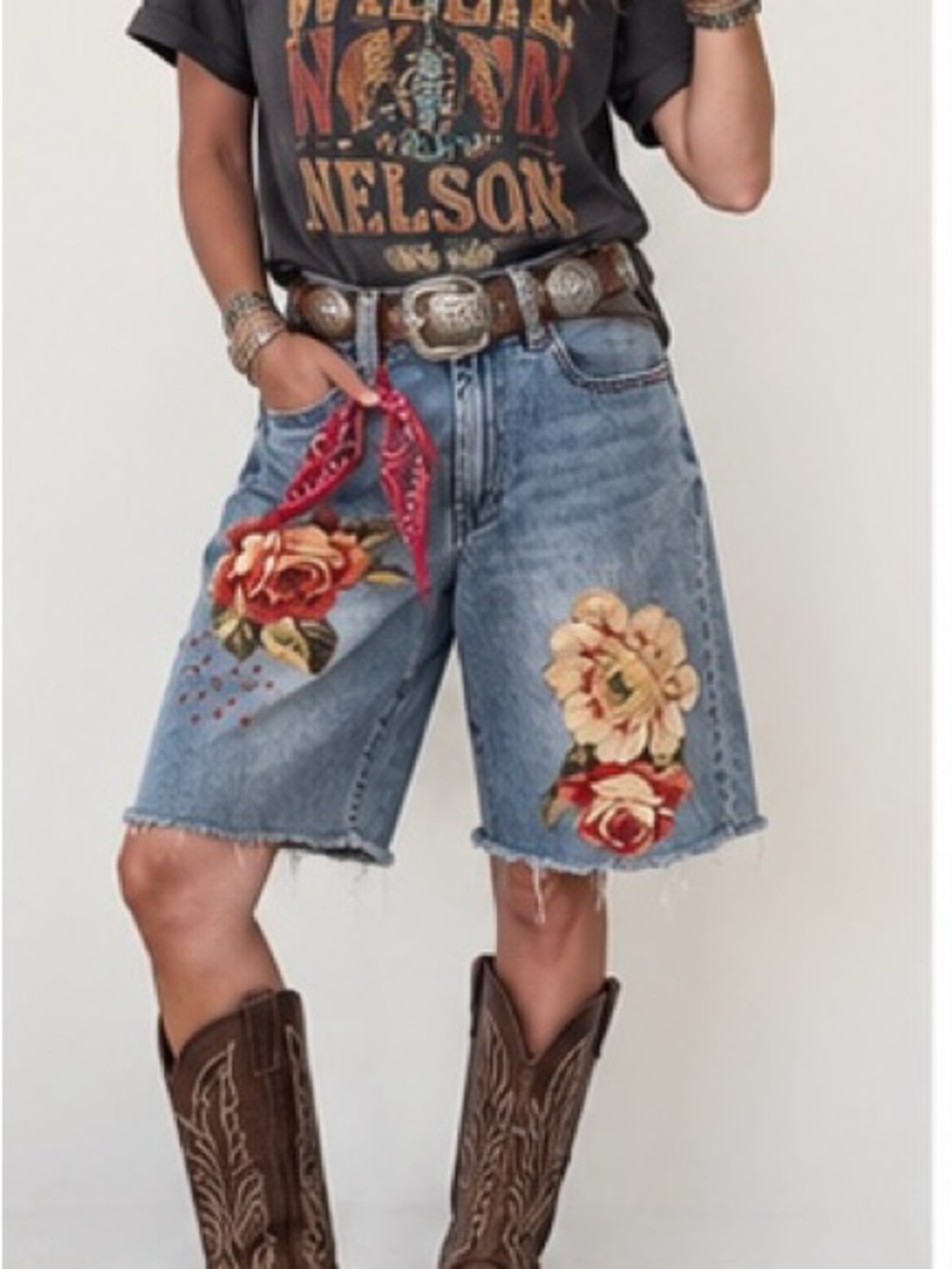 Kensie Denim Shorts with Red and Cream Floral Appliqués
